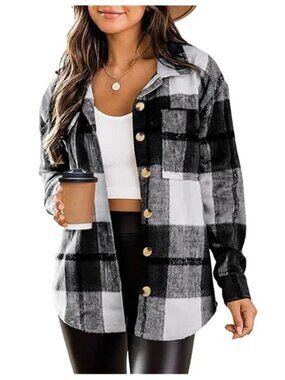 Flannel Shacket Plaid Button Down Long Sleeve Shirt Jacket Grey Black Womens